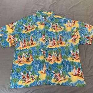 Big Dogs Shirt Mens 4XL Blue Tropical Hawaiian Beer Bottle Print Rayon Button Up